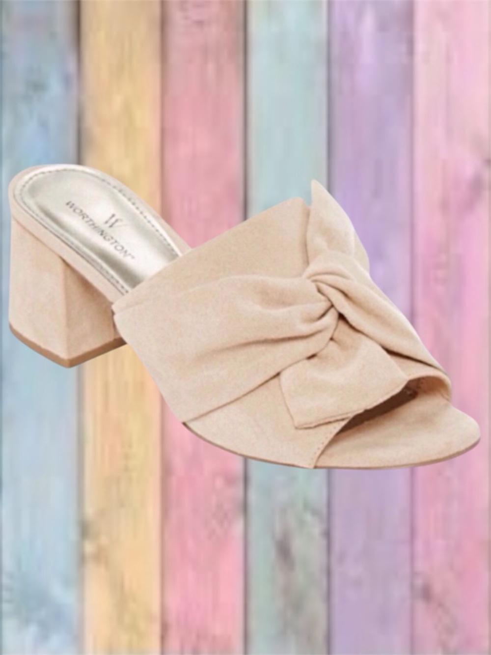 Worthington Nude Beige Tan Freemont Style Twist Bow Chunky Heel Slide Mules